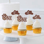 Ercadio 24 PCS Cowboy One Cupcake Toppers Glitter Brown One Hats Little Cowboy Picks Western Theme Baby Shower Birthday Party Cake Decorations Supplies