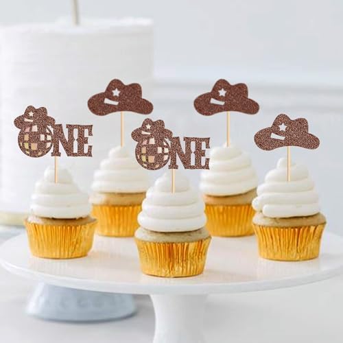 Ercadio 24 PCS Cowboy One Cupcake Toppers Glitter Brown One Hats Little Cowboy Picks Western Theme Baby Shower Birthday Party Cake Decorations Supplies