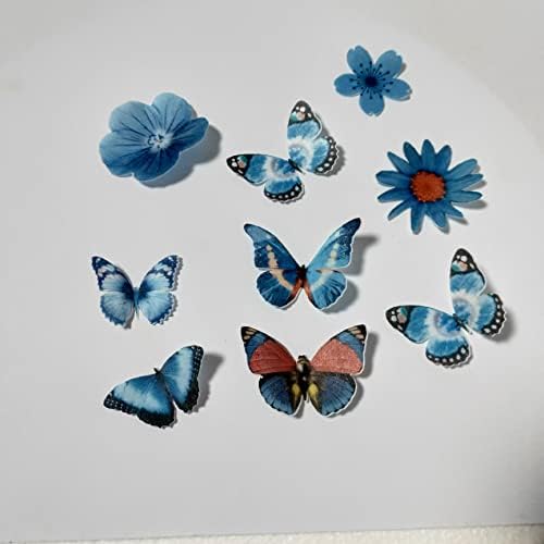 Edible wafer butterfly & flower mixed set 33 pieces of blue cake decorations, cupcake topping 258