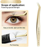 NAGARAKU Professional Eyelash Extension Tweezers, Precision Tip Stainless Steel Gold Lash Tool Straight & Curved for Individual & Volume for Salon, Isolation & Easy Fans 1 Pair (N-02-2 & N-03-2)