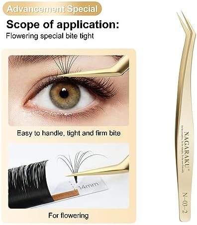 NAGARAKU Professional Eyelash Extension Tweezers, Precision Tip Stainless Steel Gold Lash Tool Straight & Curved for Individual & Volume for Salon, Isolation & Easy Fans 1 Pair (N-02-2 & N-03-2)