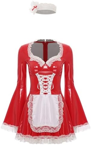 Oyolan Womens Wet Look Leather Lace Trim French Maid Fancy Dress Halloween Costume Cosplay Outfits