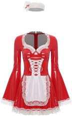 Oyolan Womens Wet Look Leather Lace Trim French Maid Fancy Dress Halloween Costume Cosplay Outfits