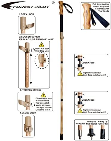 Trekking Poles- 1-pc Pack - Adjustable Hiking or Walking Stick –Strong, Natural Beech Wood - Quick Adjust Flip-Lock - Beech Wood Grip, Leather Strap