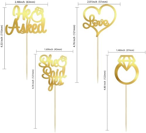 Gyufise 24 Pack Light Gold Glitter He Asked She Said Yes Cupcake Toppers Diamond Ring Heart Love Cake Picks for Wedding Engagement Party Cake Decorations