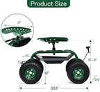 IRONMAX Garden Work Seat with Wheels, Rolling Heavy Duty Gardening Stool with Height Adjustable Seat, Steering Rod, Storage Tray & Basket, Outdoor Garden Yard Lawn Cart with Seat