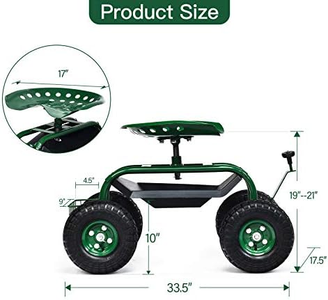 IRONMAX Garden Work Seat with Wheels, Rolling Heavy Duty Gardening Stool with Height Adjustable Seat, Steering Rod, Storage Tray & Basket, Outdoor Garden Yard Lawn Cart with Seat