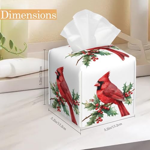 Tissue Box Cover Holder, Red Cardinal Bird Flowers Square with Bottom Belt by PU Leather Decorative Organizer for Tabletop, Bathroom, Car, Office