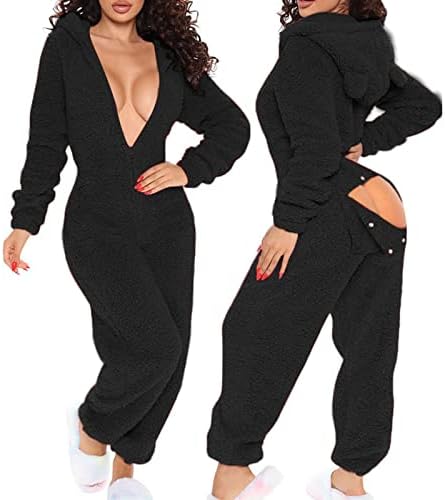 Sexy Adult Onesie Pajamas for Women Butt Flap Fleece Hooded One Piece Pajamas Womens Fluffy Sleepwear
