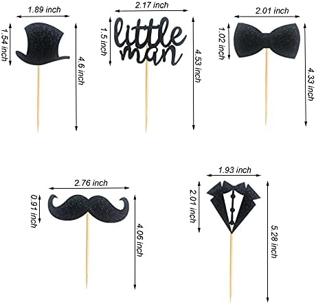 Pack of 40 Pre-Assembled Black Glitter Little Man Mini Beard Bowtie Hat Suit Cupcake Toppers for Boy Birthday Party Decorations