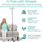 Vive IV Pole with Wheels - IV Fluids Bag Stand with 2 Hooks and Adjustable Height - Portable IV Pole for Home Care, Hospitals, Clinics and Travel - Safe and Easy to Move Medical IV Drip Stand