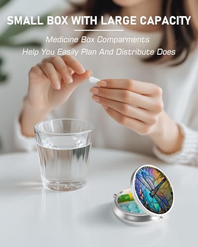 Pill Box, 3 Compartment Portable Travel Medicine Box with Mirror, Compact and Cute, Fits in Purse and Pocket, Medicine and Vitamin Organizer (Dragonfly)
