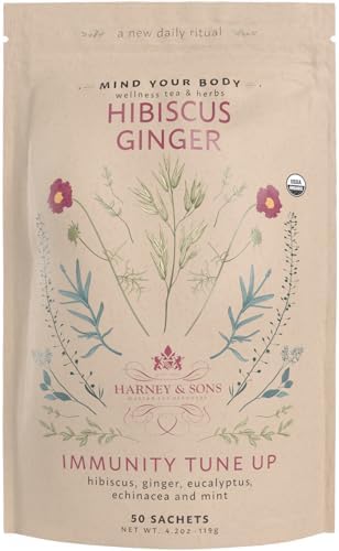Harney & Sons Organic Hibiscus Ginger Tune-Up Tea, Bag of 50 sachets, 50 Count