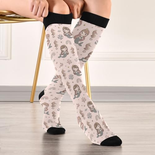 Mermaid Seahorse Pink Pattern Compression Socks for Women Men Nurses Compression Stockings Long Socks for Workout Hiking Running Long Flight
