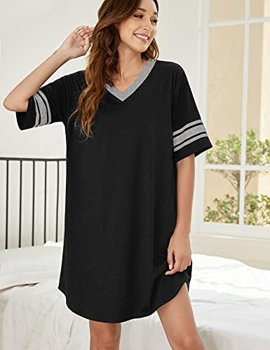 Ekouaer Nightgowns for Women Cotton Night Gown Short Sleeve Sleepwear V Neck Color Block Sleep Shirts Ladies Night Shirts