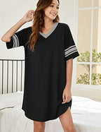 Ekouaer Nightgowns for Women Cotton Night Gown Short Sleeve Sleepwear V Neck Color Block Sleep Shirts Ladies Night Shirts