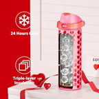 24 oz Valentine's Day Water Bottle: Meoky Stainless Steel Heart Water Bottle with 2-in-1 Straw and Spout Lid - Leak Proof, Fits in Car Cup Holder, Valentines Day Gifts for Her Women Wife Girls, Lovie