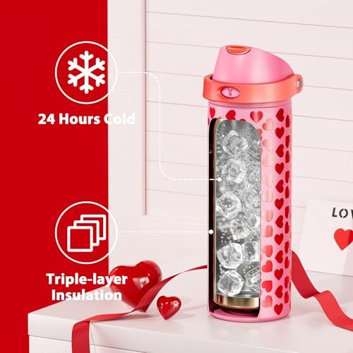 24 oz Valentine's Day Water Bottle: Meoky Stainless Steel Heart Water Bottle with 2-in-1 Straw and Spout Lid - Leak Proof, Fits in Car Cup Holder, Valentines Day Gifts for Her Women Wife Girls, Lovie