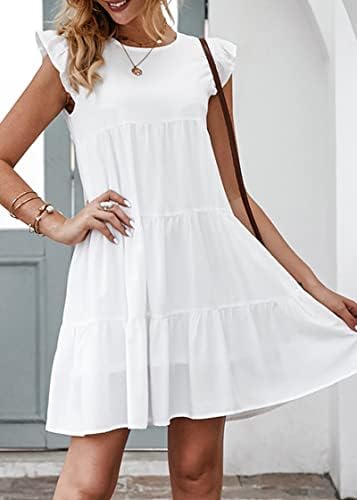 KIRUNDO Women's Summer Dresses Sleeveless Ruffle Sleeve Round Neck Solid Loose Short Flowy Pleated Mini Babydoll Dress