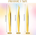 3 PCS Lash Tweezers for Eyelash Extensions, High Precision Gold Metal Tweezers Set Fiber Tip and Curved Isolation Tweezers Eyelash Extension Tools for Women Volume Lash, Crafting, Jewelry Making