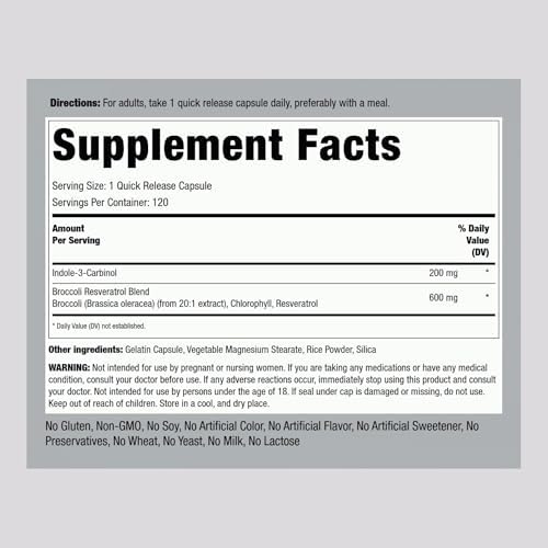 Piping Rock Indole 3 Carbinol | 200mg | 120 Capsules | I3C with Broccoli Extract | Non-GMO, Gluten Free Supplement