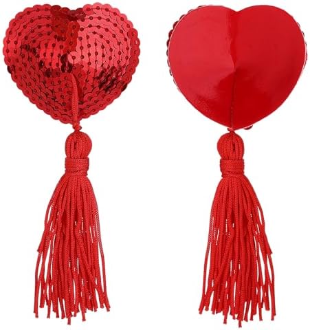 Women Breast Pasties Halloween Reusable Nipple Stickers Cover Adhesive Heart-Shaped Breast Bra with Sequins Tassel (Red)