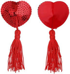 Women Breast Pasties Halloween Reusable Nipple Stickers Cover Adhesive Heart-Shaped Breast Bra with Sequins Tassel (Red)