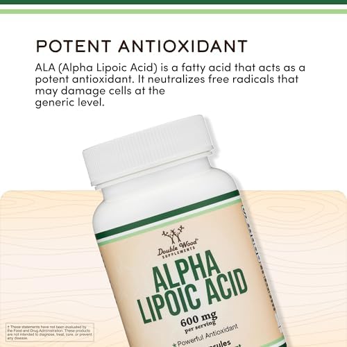 Alpha Lipoic Acid 600mg per Serving, 60 Capsules (Third Party Tested, Non-GMO, Gluten Free, Vegan Safe) Cellular Energy Support (ALA Supplement) by Double Wood