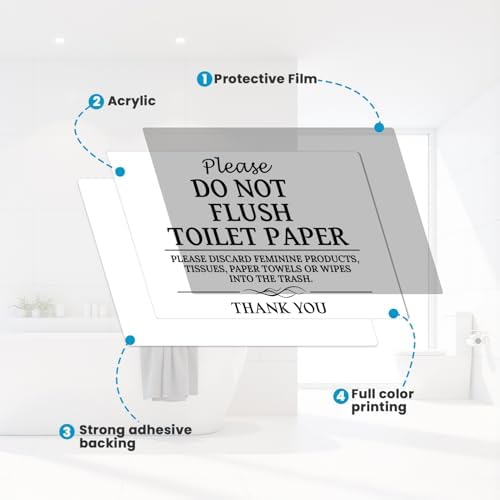 Please Do Not Flush Sign,Thick Acrylic Self-Adhesive Flush Only Toilet Paper Sign, Ideal for Restaurants, Bars, Hotels, and Airbnb (White)