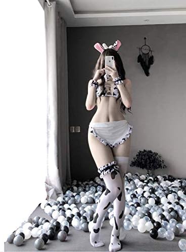 FYMNSI Women Sexy Milk Cow Lingerie Set Anime Maid Cosplay Costume Mini Bikini Bra Bodysuit with Bell Choker Stockings Outfit
