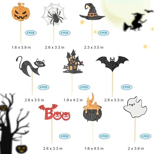 24 Pack Halloween Cupcake Toppers Set, Black Glitter Bat Spider Pumpkin Hat Ghost Cupcake Picks for Baby Shower, Halloween and Birthday Party Decorations Supplies (Multi Patterns)