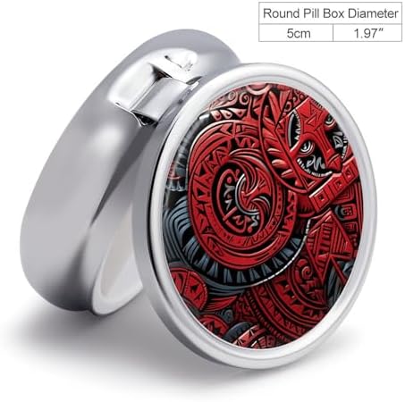 Red Tribal Pattern Pill Box Cute Round Pill Case Portable Medication Organizer 3 Independent Compartments Moisture-Proof Medicine Holder for Travelers, Seniors & Caregivers