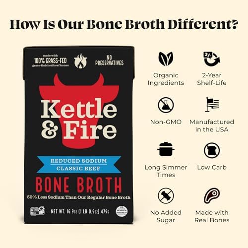 Kettle and Fire Reduce Sodium Beef Organic Bone Broth, Keto, Paleo, Whole 30 Approved, Gluten Free, 17g of Protein, Natural Source of Collagen, Pack of 6