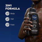 NIVEA Men Active Clean Body Wash with Natural Charcoal for Normal to Oily Skin, 3-in-1 Charcoal Body Wash, Face and Hair, Draws Out Dirt and Impurities, 30 Fl Oz Bottle