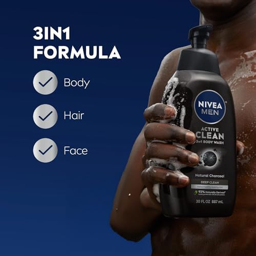 NIVEA Men Active Clean Body Wash with Natural Charcoal for Normal to Oily Skin, 3-in-1 Charcoal Body Wash, Face and Hair, Draws Out Dirt and Impurities, 30 Fl Oz Bottle