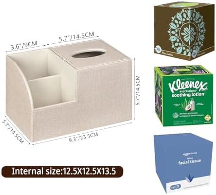 PU Leather Square Tissue Box Cover - Multi-Functional Tissue Box Holder, Tissue Box Cover with Storage,Tissue and Remote Control Holder, Cube Tissue Box Organizer Bedroom Nightstand End Table