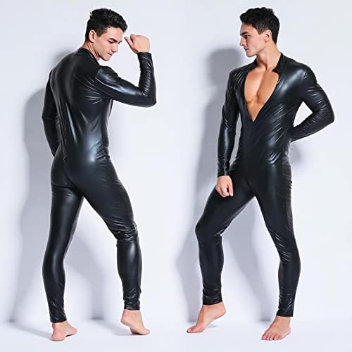 Panegy Men's Faux PU Leather Jumpsuit Shiny Leather Bodysuit Pole Dance Leotard Adult Onesie Singlet