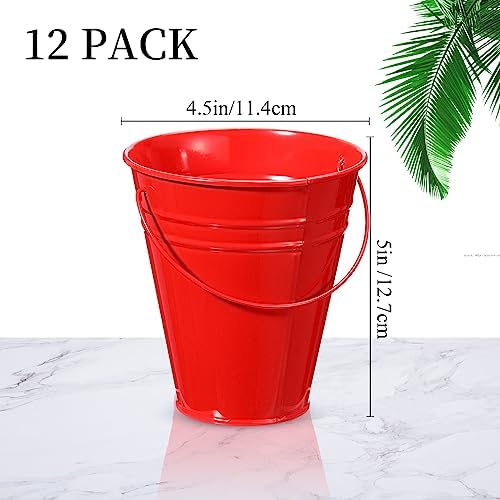 Sadnyy 12 Pack Metal Buckets with Handle, Galvanized Bucket 4.5 x 5 Inch Basket Bucket Party Supplies, Crafts for Christmas Halloween Candy Bars Vase Crafts(Red)