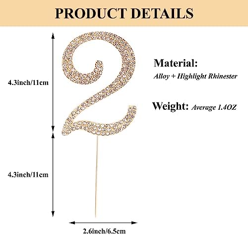 Birthday Cake Topper Number, Bling Gold Rhinestone Large Number 0-9 Happy Birthday Cake Topper for Birthday Anniversary Party Decoration, 2