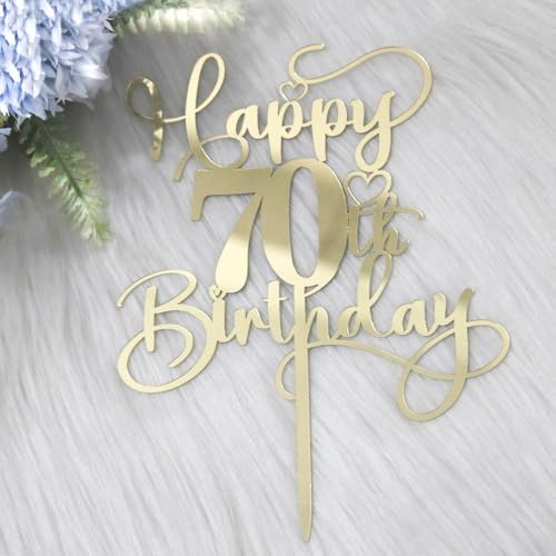 Happy 70th Birthday Cake Topper，Mirrored Gold Acrylic Birthday Topper for Cheers to 70 Years Birthday/Anniversary Party Decoration Ideas, Perfect Keepsake for your family and friends(70th)