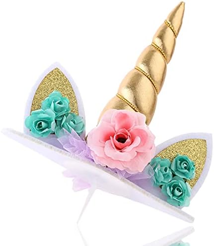 Zkptops Unicorn Cake Topper Birthday Party Supplies Unicorn Birthday Decorations Gold Horn Cake Topper Accessory with Eyelashes Cute Handmade Reusable Cake Toppers for Girls Kids Women 5.8 Inch
