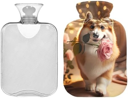 Dog with Roses Gold Hot Water Bottle with Soft Velvet Cover Hot Water Bag for Neck, Shoulder and Menstrual Cramps, 2 Liters