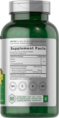 Horbäach Evening Primrose Oil Softgels | 2000 mg | 150 Pills | Cold Pressed, Hexane Free Supplement with GLA | Non-GMO, Gluten Free