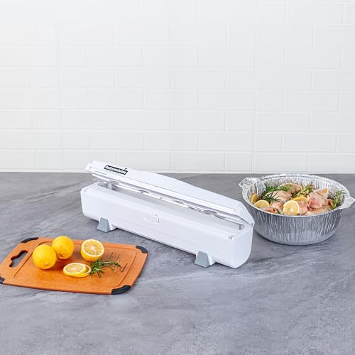 Restaurantware-RW Base Food Wrap Dispenser with Cutter, 1 Refillable Cling Wrap Dispenser - Fits 12” to 18” x 1000’ Rolls, Press Down and Cut, White Plastic Aluminum Foil, Sharp Blade
