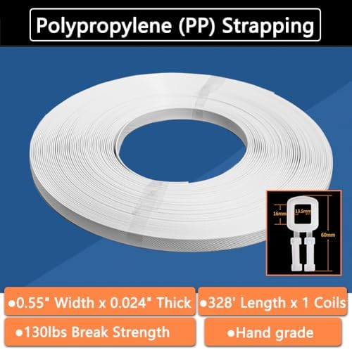 Hand Grade Polypropylene (PP) Strapping Coil 0.55" x 0.024" 130lbs Break Strength White Poly Strap 100pcs Plastic Buckles for Manual Packing Box Packing Strapping (Length328' x 1 Roll)
