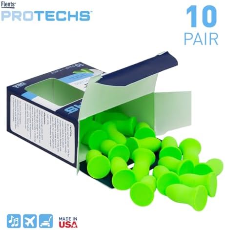 Flents Protechs Foam Ear Plugs, 10 Pair with case Sleeping, Snoring, Loud Noise, Traveling, Concerts, Construction, Studying, Work, Shooting, NRR 33, Noise Cancelling, Green, Made in the USA