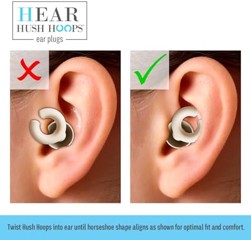 Hush Hoops Ear Plugs, Ultra-Soft Reusable Noise Reducing Earplugs with Horseshoe Shape for Comfort, 4 Tip Sizes for Customizable Fit, 17dB (NRR) Noise Reduction Rating, Cream, 1 Pair with Travel Case