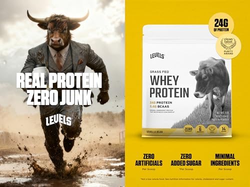 Levels Grass Fed Whey Protein Powder, No Artificials, 24G of Protein, Vanilla Bean, 1LB