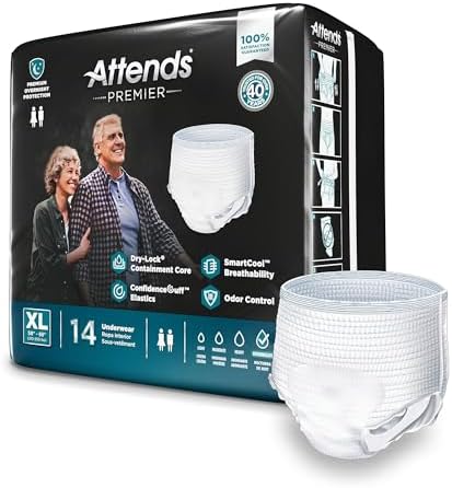 Attends Premier Adult Incontinence SmartCool® Underwear, X-Large (58-68"), [14 Count] - Overnight Absorbency for Men and Women, Disposable Pull-On Diapers with Tear-Away Sides, ALI-UW40