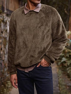 Mens Fuzzy Sherpa Sweatshirt Long Sleeve Fluffy Crew Neck Pullover Cozy Basic Unisex Fall Winter Warm Tops